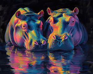 Nijlpaard Neon | Chromatic Hippo Harmony | Neon Nijlpaard van Kunst Kriebels