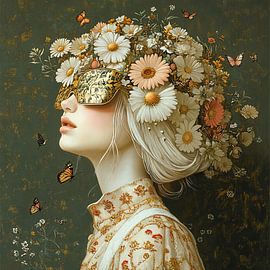 Bloemen Vrouw | Vlinder Bloemen Vrouw van Blikvanger Schilderijen