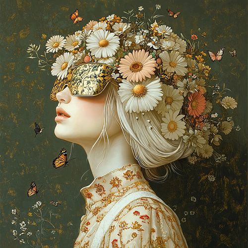 Bloemen Vrouw | Vlinder Bloemen Vrouw van Blikvanger Schilderijen