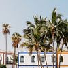 Een tropische foto van gekleurde huisjes en palmbomen op Gran Canaria van Yvette Baur