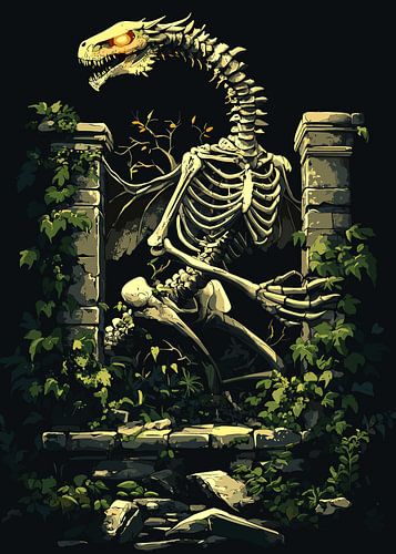 Skeletdraak in vervallen ruïnes