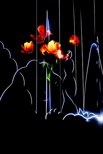 Blooming tulips interplay with dancing lights.