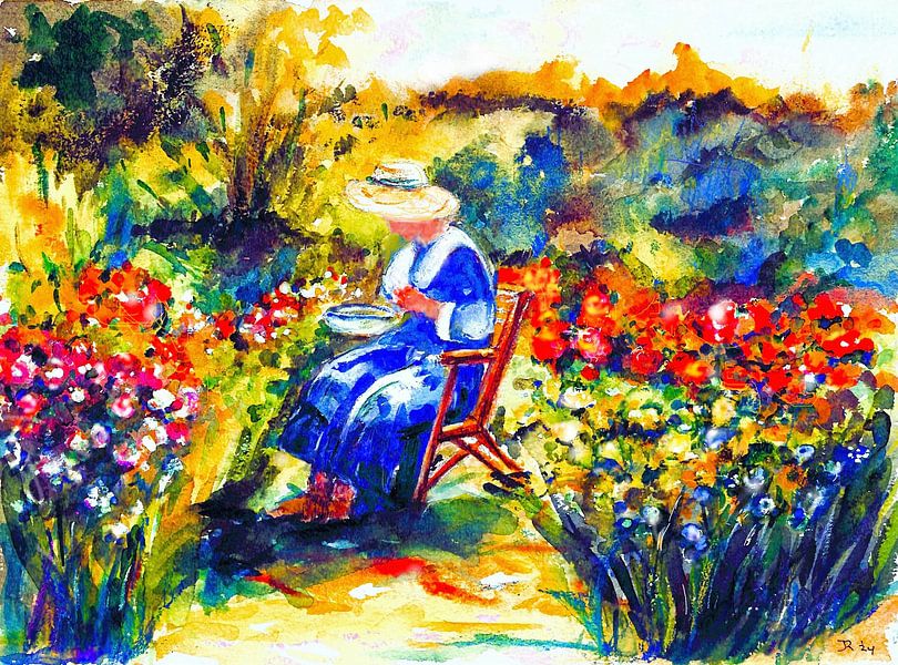 Eine Frau in ihrem Blumengarten. Impressionistisches Aquarell von Ineke de Rijk