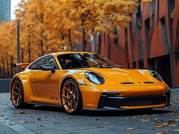 Porsche 911 orange in der Stadt