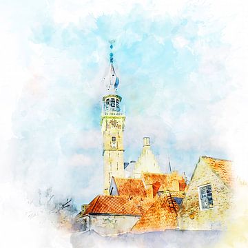 Watercolour painting showing a view of the tower of the Stadhuid of Veere, Zeeland. by Danny de Klerk