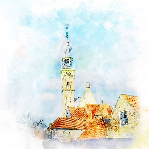 Watercolour painting showing a view of the tower of the Stadhuid of Veere, Zeeland.