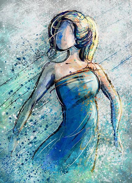 Œuvre d'art abstraite dinamique femme avec robe bleue par Emiel de Lange