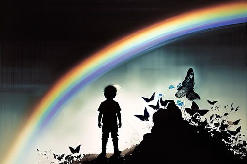 De regenboog, de vlinders en het silhouet van een jongen