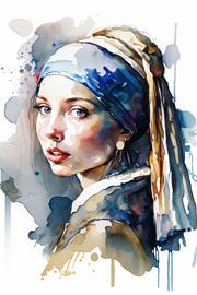 Modern "meisje met de parel" in aquarel van Studio Allee