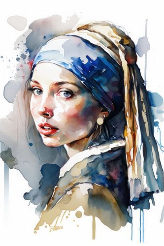 Modern "girl with a pearl earring" in watercolour