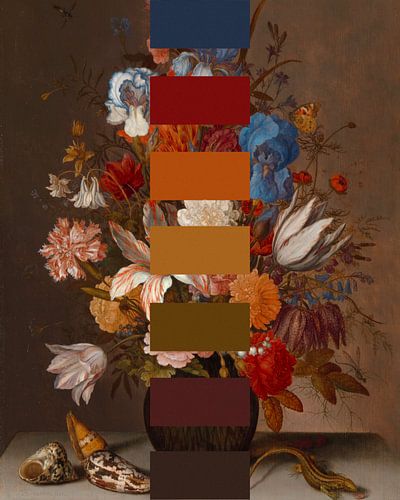 Still life of flowers, original (1625) by Balthasar van der Ast, with colour swatches
