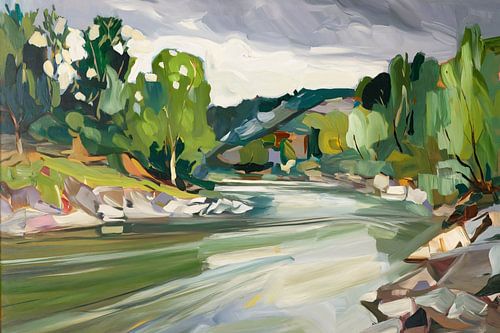 Rustig schilderij van rivierlandschap