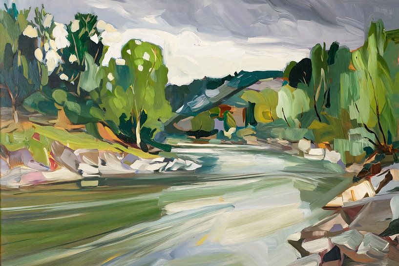 Rustig schilderij van rivierlandschap van Art & Soul Creations