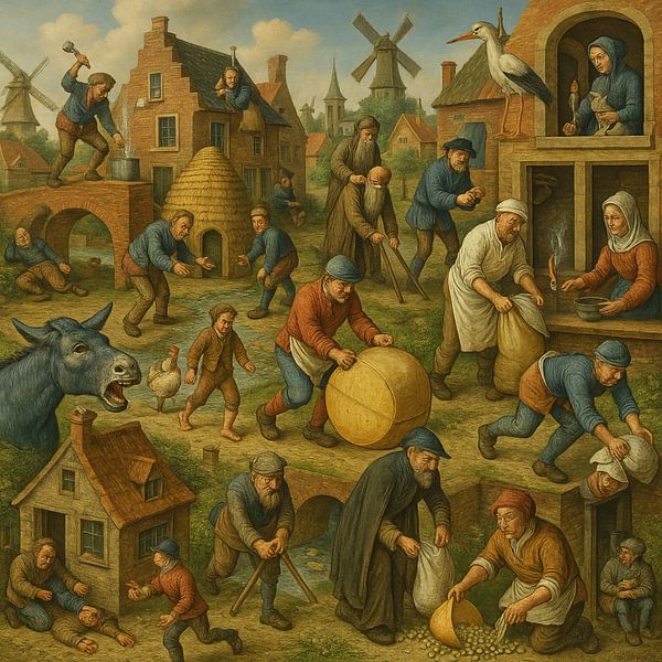 Tableau hollandais de proverbes - Scène de village médiéval par Kleurenrijk