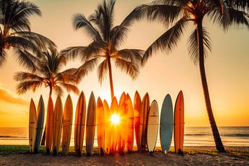Surfboarden in het strandzand bij ondergaande zon van Vlindertuin Art
