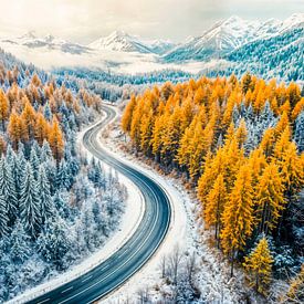 Winter Roads Through Mountain Forest with Orange Larches by ArtMomente
