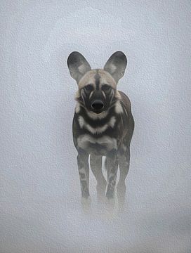 Majestic African Wild Dog Misty Fog Impasto Wildlife Portrait by Ramy Salah Hefny