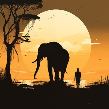 Éléphant et homme coucher de soleil minimalisme sur TheXclusive Art