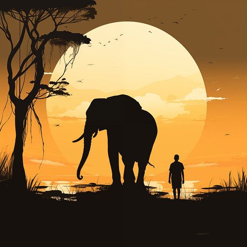 Olifant en man zonsondergang minimalisme