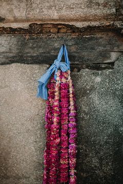 Stilleven van paarse bloemenkransen met aan blauw lint, hangend aan een spijker van Ayla Maagdenberg