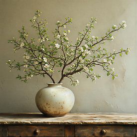 Ein Stillleben weiß-beiger Keramikvase mit Blütenzweigen. von J.a Dijkstra