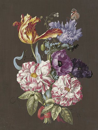 Flower arrangement with roses, tulips, poppies and other flowers, anonymous
