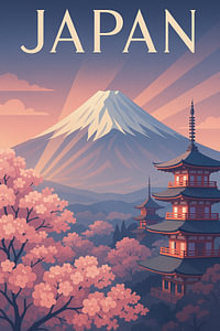 Japan Art Deco Poster - Berg Fuji und Kirschblüten bei Sonnenaufgang