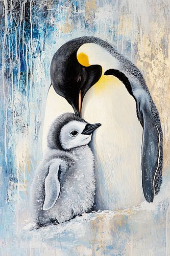 Keizerspinguïn en kuiken schilderij