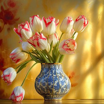Bouquet de tulipes - nature morte - bleu de Delft sur Vlindertuin Art