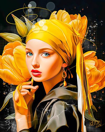 Modern meisje met de parel X Johannes Vermeer gele tulpen