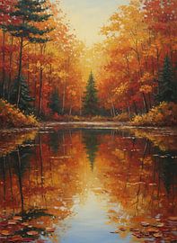 Golden Autumn Reflection: Impasto Forest Landscape by Artistic