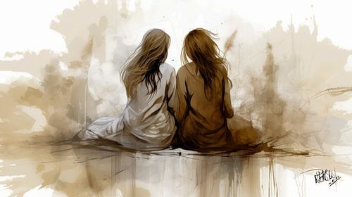Modernes Aquarell von 2 Frauen "Shared Silence'