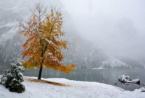 Herfst ontmoet winter aan het meer van Braies