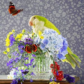 Stilleben 'Mit Nymphensittich und Blumen von Willy Sengers