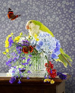 Stilleben 'Mit Nymphensittich und Blumen