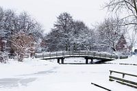 Houten fietsbrug in een besneeuwd landschap