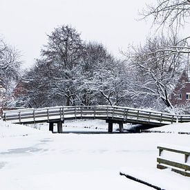 Hölzerne Fahrradbrücke in einer verschneiten Landschaft von Bert Meijerink