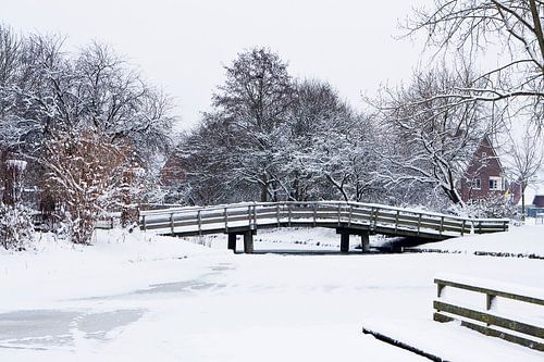Hölzerne Fahrradbrücke in einer verschneiten Landschaft