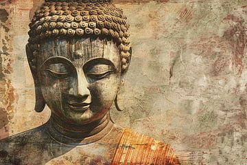 Serene Boeddha met Gouden Gloed en Sepia Achtergrond van Art & Soul Creations