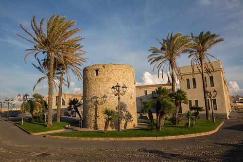 Haven van Alghero op Sardinie, met palmbomen en toren