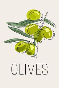 Olives – Moderne Line-Art Illustration von Grünen Oliven