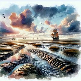 Wattenmeer in Aquarell 2 von Yvonne van Huizen
