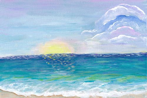 Petite plage romantique avec coucher de soleil et embruns marins - acrylique sur carton