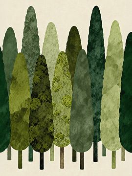JAPANDI Mediterranean Cypress Forest - Minimalist Green Pine Tree Abstract Art