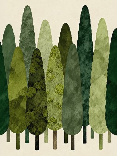 JAPANDI Mediterraan cipressenbos - Minimalistische groene dennenboom abstracte kunst
