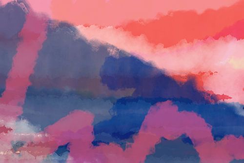 Eigentijds abstract kleurrijk landschap in blauw, rood, roze.