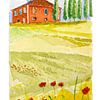 Red country house in Tuscany | Hilly landscape with Cypresses and Poppies | Watercolour painting by WatercolorWall