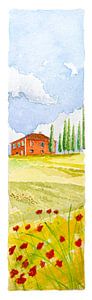 Rotes Landhaus in der Toskana | Hügellandschaft mit Zypressen und Mohnblumen | Aquarellmalerei