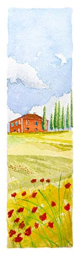 Rode landhuis in Toscane | Heuvellandschap met Cipressen en Klaprozen | Aquarel schilderij