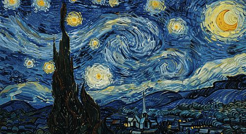 Nuit étoilée au-dessus d'un village au ciel tourbillonnant